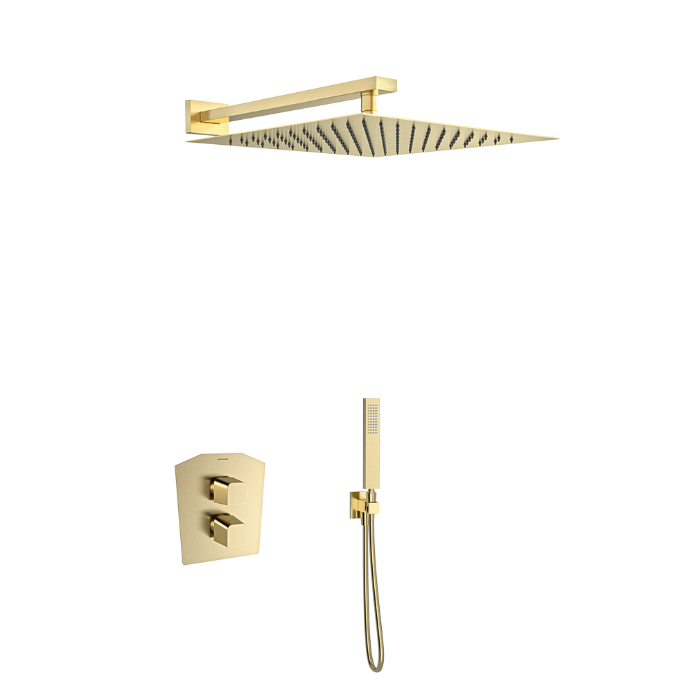 Prisma, ensemble de douche thermostatique encastré 2 voies avec pommeau de douche métallique de 300 mm, or brossé