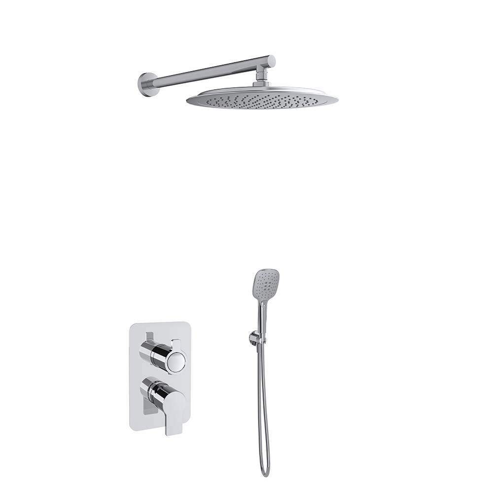 Blautherm, single lever 2 way concealed with support plus water intake, hand shower and ABS round shower head Ø300mm, chrome.