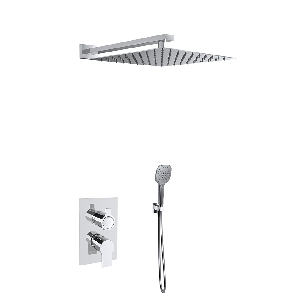 Blautherm, single lever 2 way concealed with support plus water intake, hand shower and ABS square shower head 300mm, chrome.