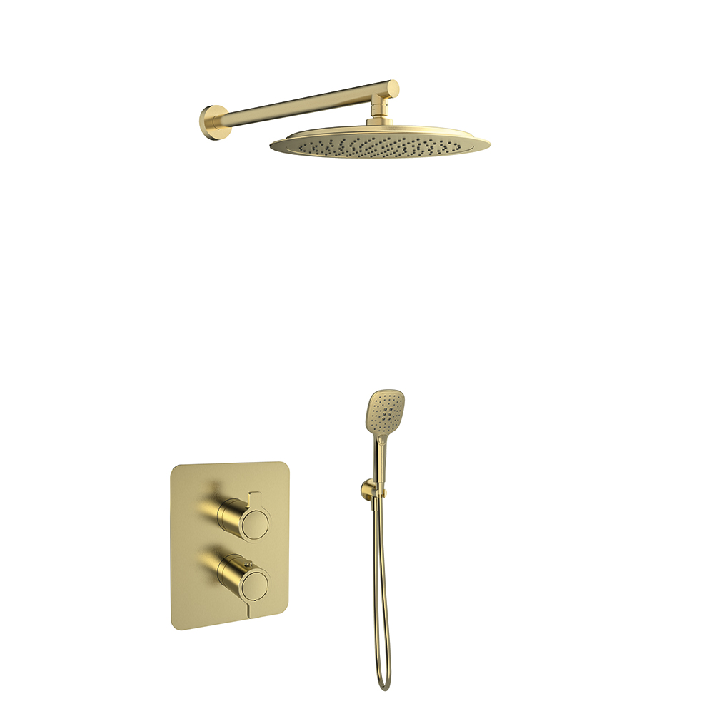 Blautherm, Breeam, metallic 2-way built-in thermostatic mixer set with holder, water outlet, hand shower, and round showerhead Ø300mm, 8L, brushed gold