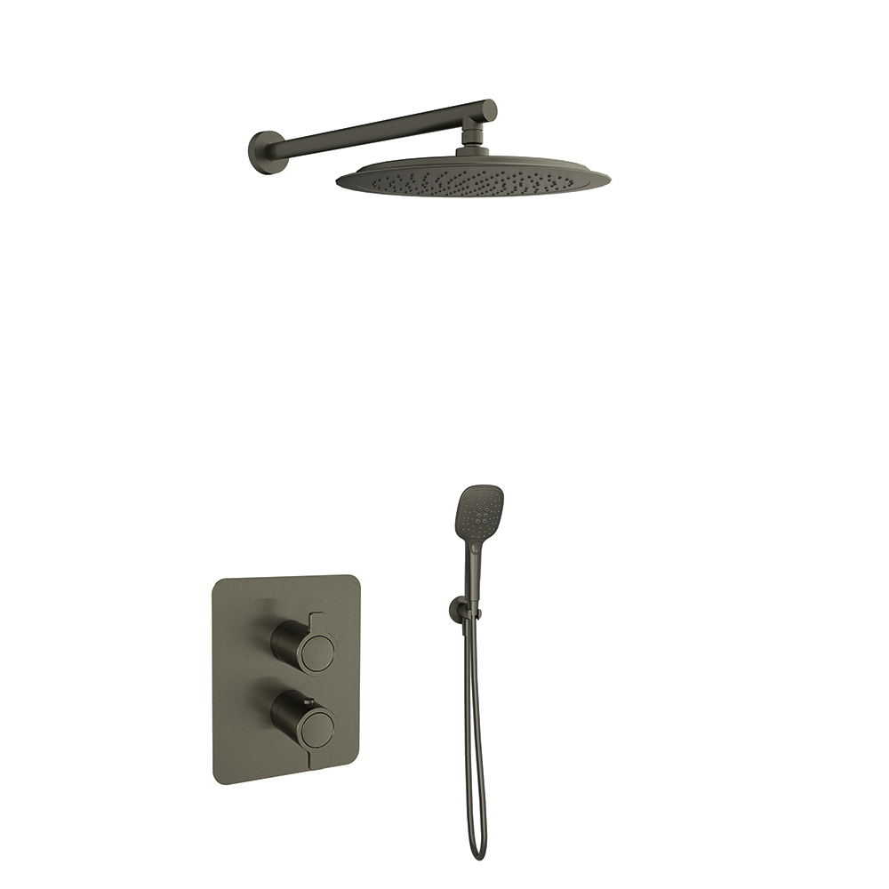 Blautherm, Breeam, metallic 2-way built-in thermostatic mixer set with holder, water outlet, hand shower, and round showerhead Ø300mm, 8L, graphite