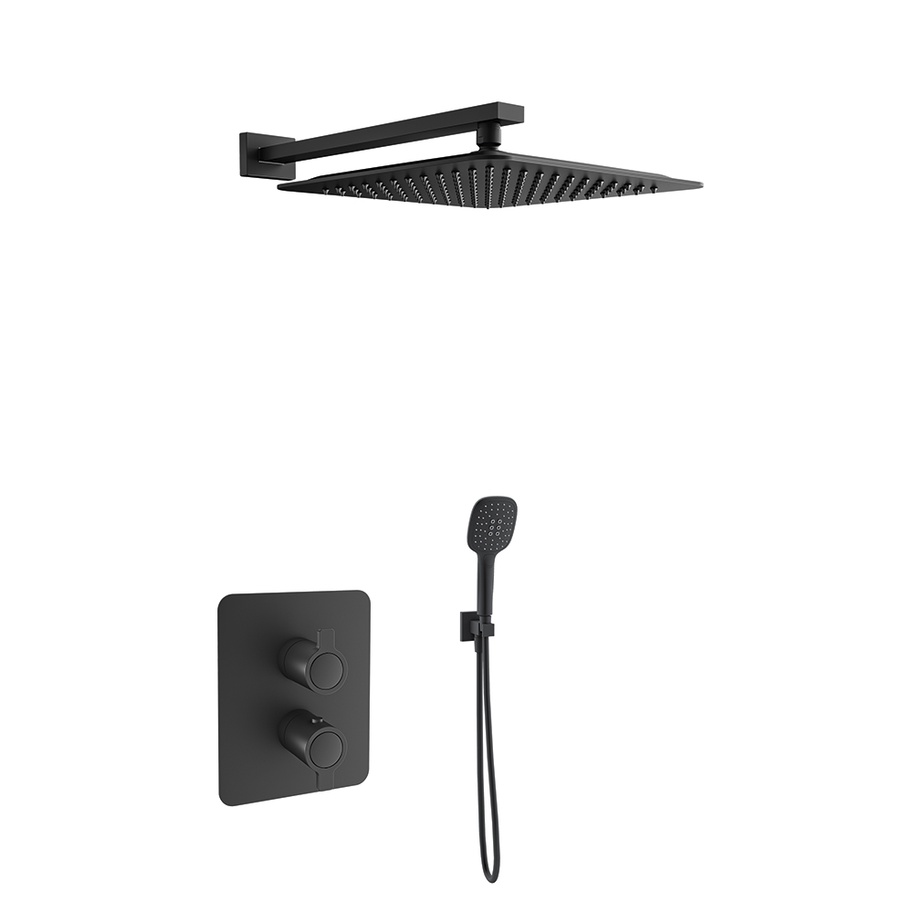 Blautherm, Breeam, conjunt termostàtic encastat metàl·lic de 2 vies amb suport, presa d'aigua, teledutxa i rociador quadrat de 300mm, 8L, negre mat