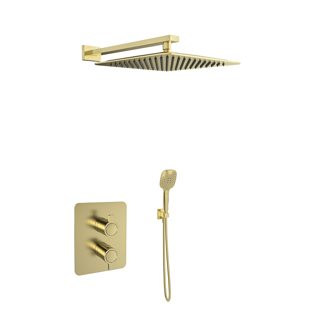Blautherm, Breeam, metallic 2-way built-in thermostatic mixer set with holder, water outlet, hand shower, and square showerhead 300mm, 8L, brushed gold