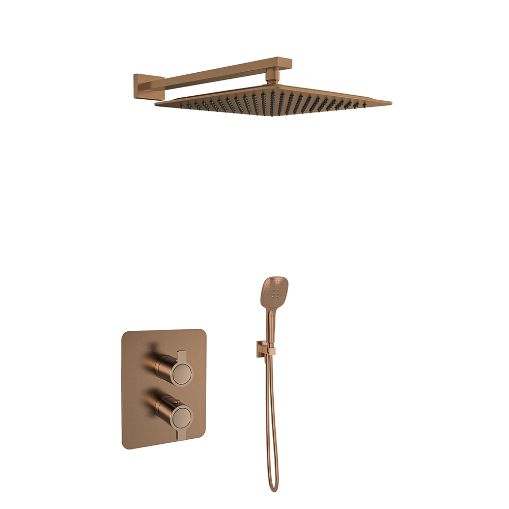 Thermostatic single lever 2 way concealed with support plus water intake, hand shower and ABS shower head 300mm, brushed copper