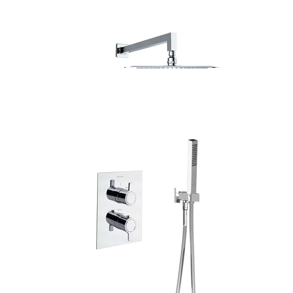 Blautherm, conjunto termostático empotrado metálico 2 vías con soporte, toma de agua, teleducha y rociador metálico cuadrado 250mm, cromo