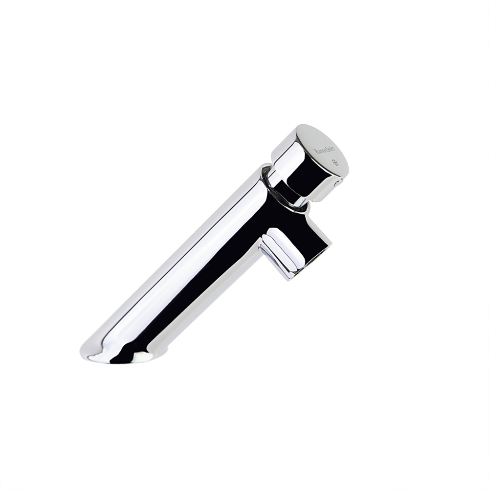 Solestop, self-closing washbasin mixer with time and flow regulation, chromed