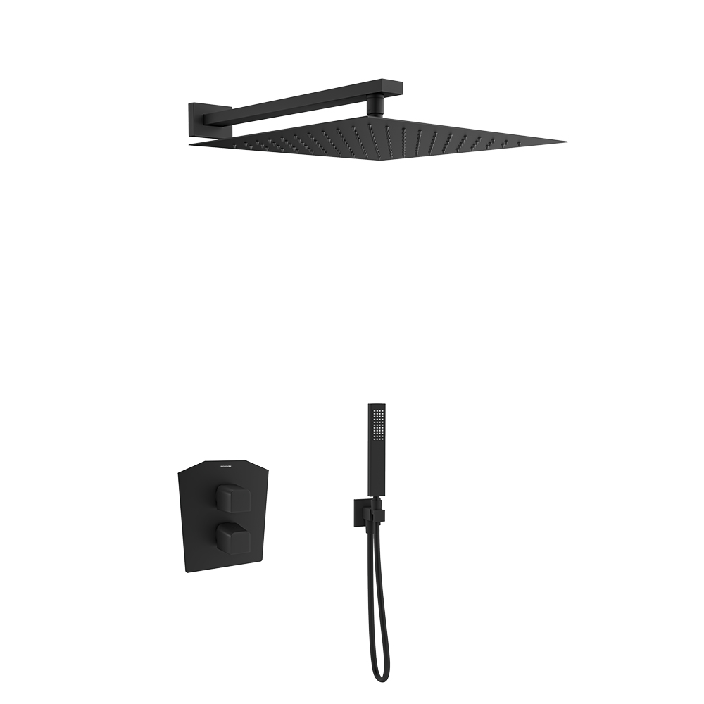 Prisma, concealed dual-outlet thermostatic shower set with 300mm metal showerhead, matte black