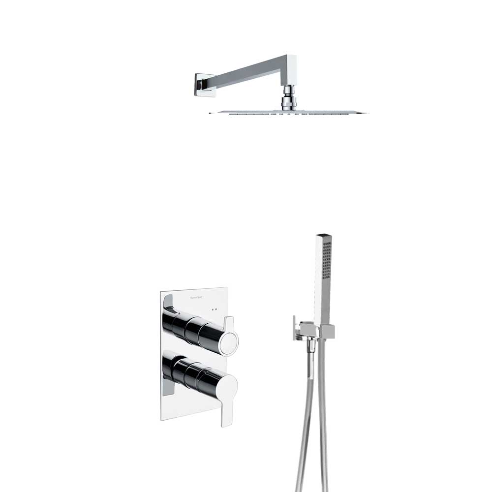 Blautherm, conjunto termostático empotrado metálico 2 vías con soporte, toma de agua, teleducha y rociador cuadrado 225mm, cromo