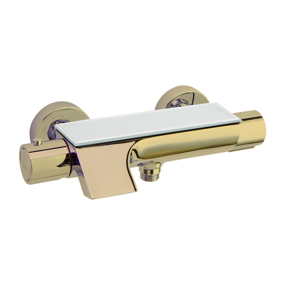 Urban Chic,termostático de baño-ducha salida cascada con inversor integrado y repisa con vidrio de seguridad,oro cepillado.