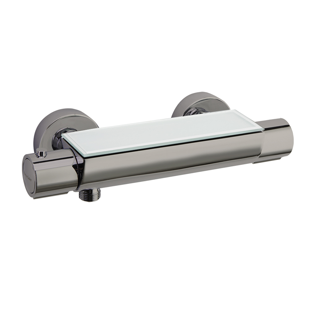Urban Chic, robinet de douche thermostatique avec étagère en verre de sécurité, nickel brossé.