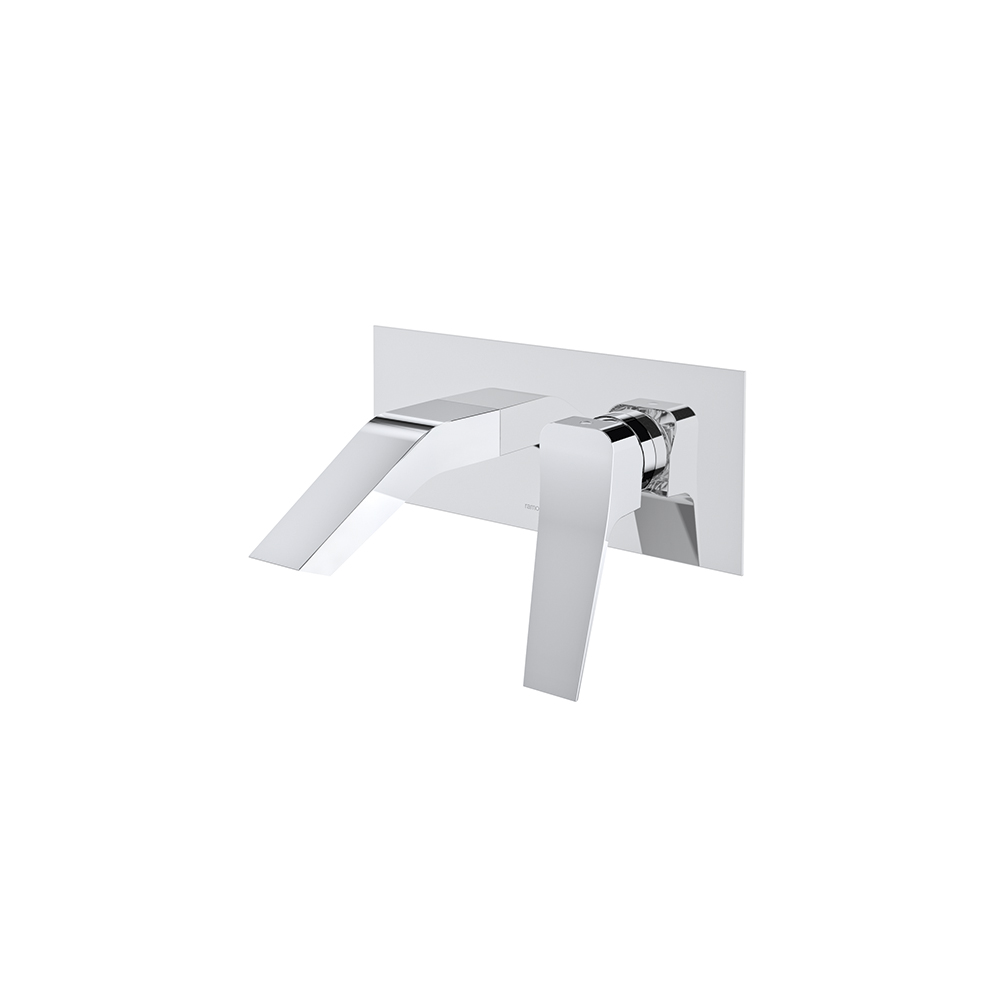 Prisma,monomando de lavabo empotrado mural con caño inclinado y placa metálica,cromo