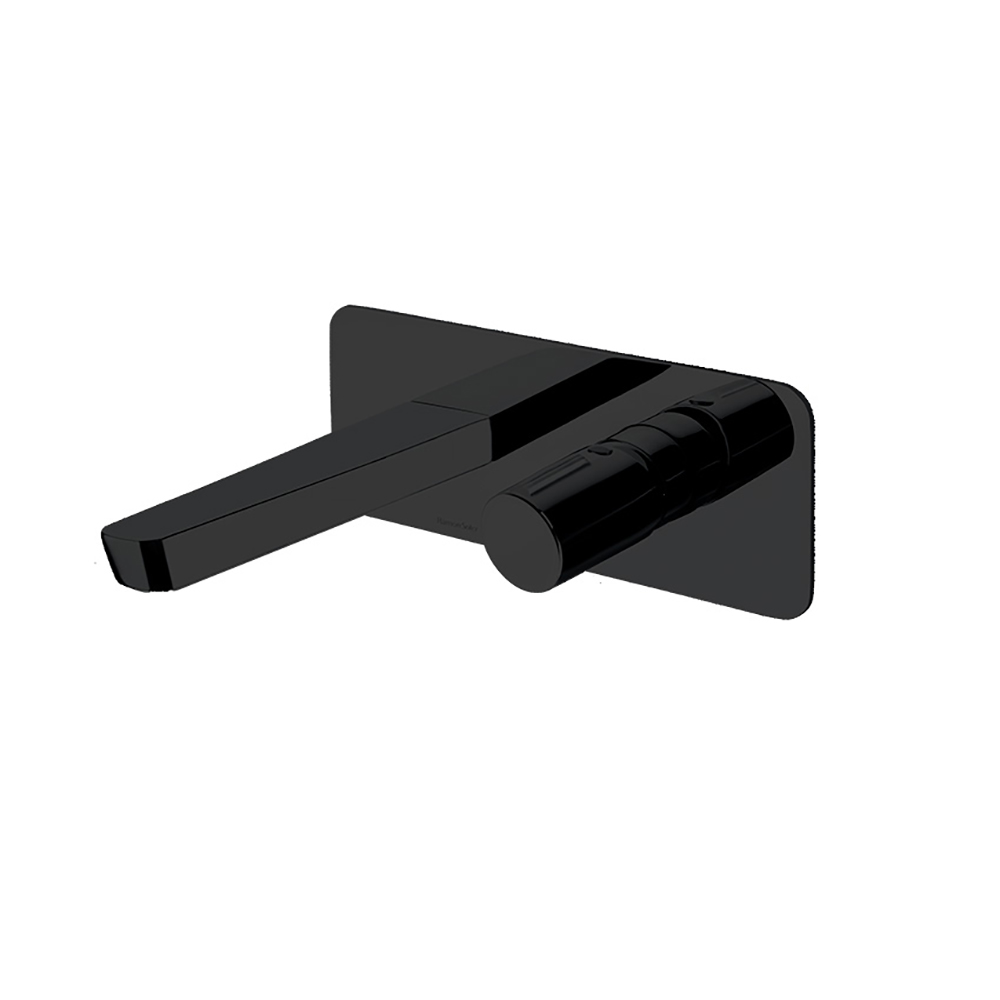 Tzar matt black, wall washbasin mixer with ultraslim metalic plate