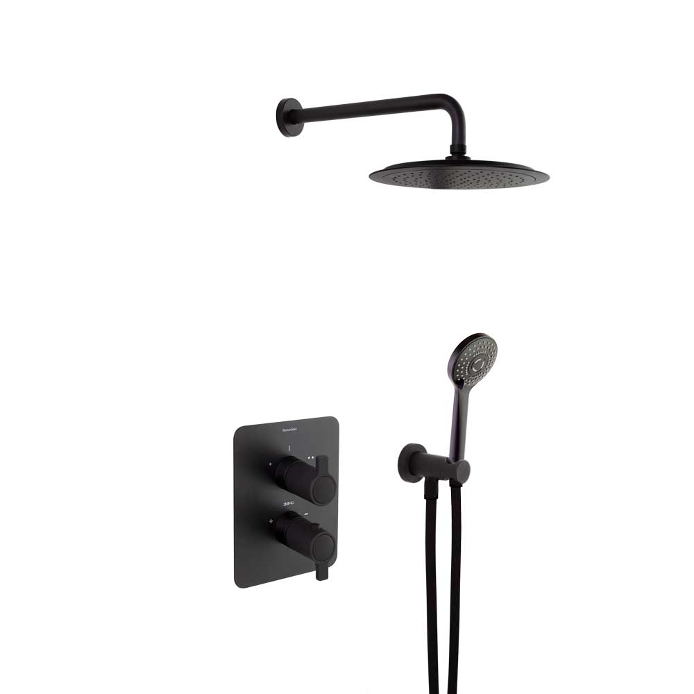 Blautherm, Breeam, conjunt termostàtic encastat metàl·lic 2 vies amb suport, presa d'aigua, teledutxa i rociador rodon Ø240 mm, 8L, negre mat