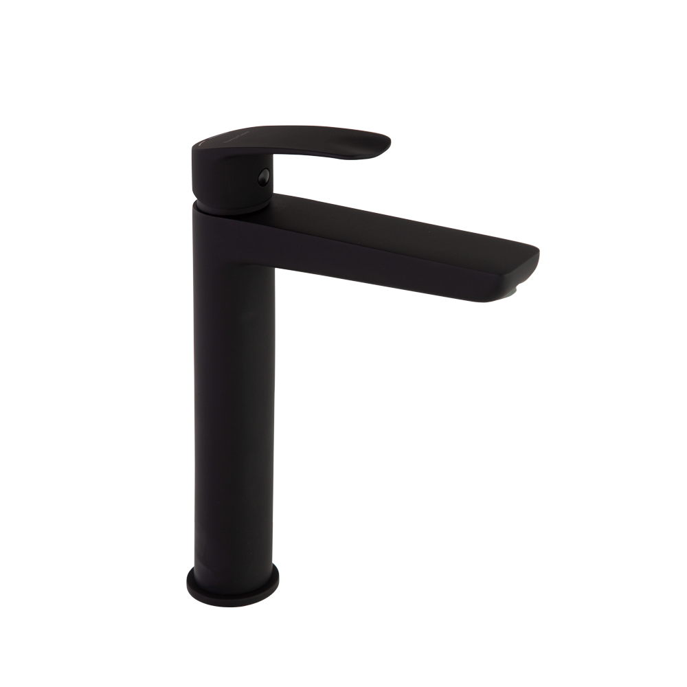 New Fly, Tool Free, tall single-handle basin faucet, matte black.