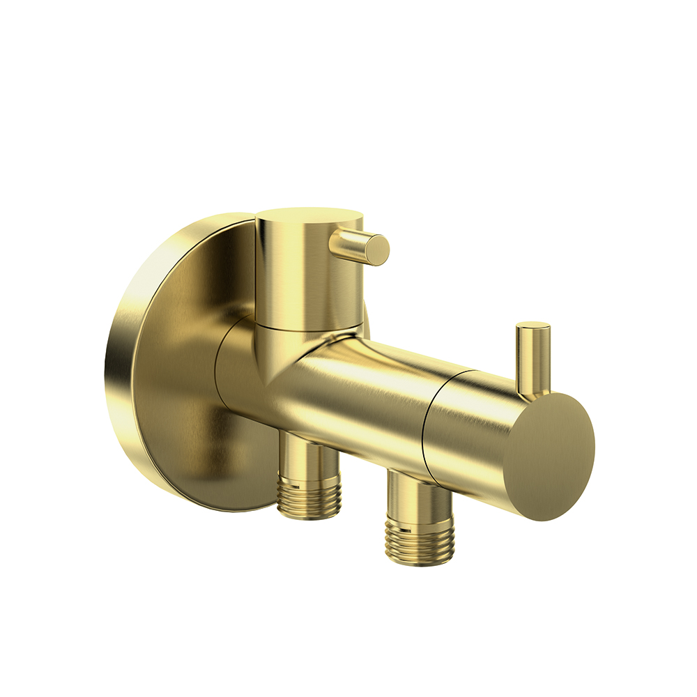 Llave de paso cerámica con dos salidas (cisterna WC + duchita WC). Acabado oro cepillado.