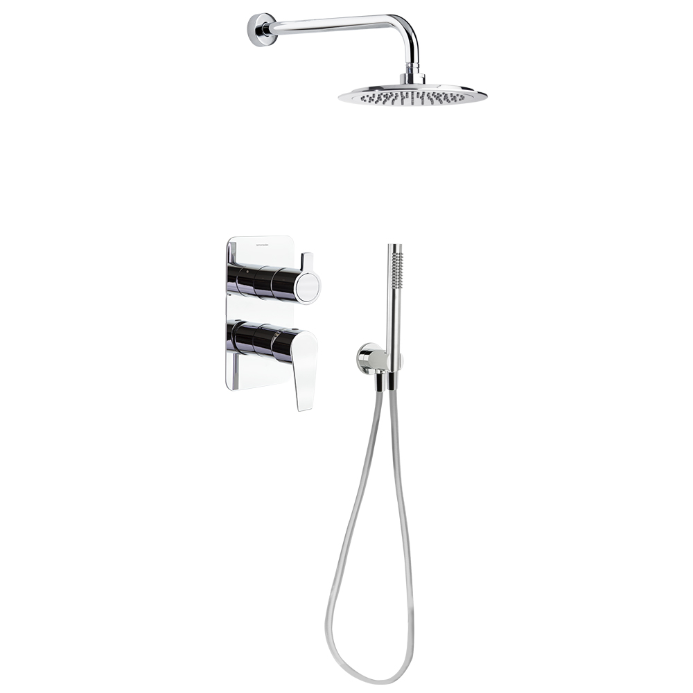 Civic, conjunto monomando empotrado metálico de 2 vías con soporte toma de agua, ducha de mano y rociador de Ø240mm, cromo
