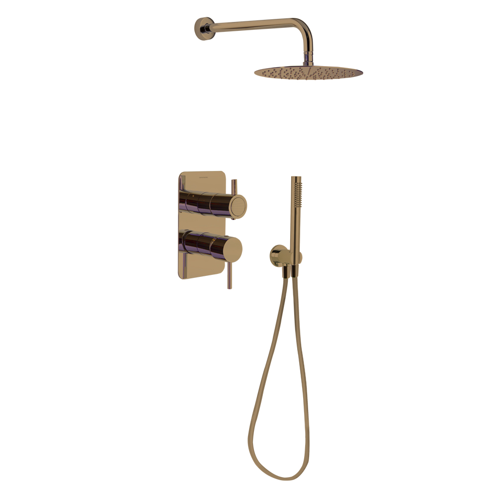Odisea, conjunto de monomando de ducha empotrado 2 vías con rociador metálico 250mm, cobre cepillado
