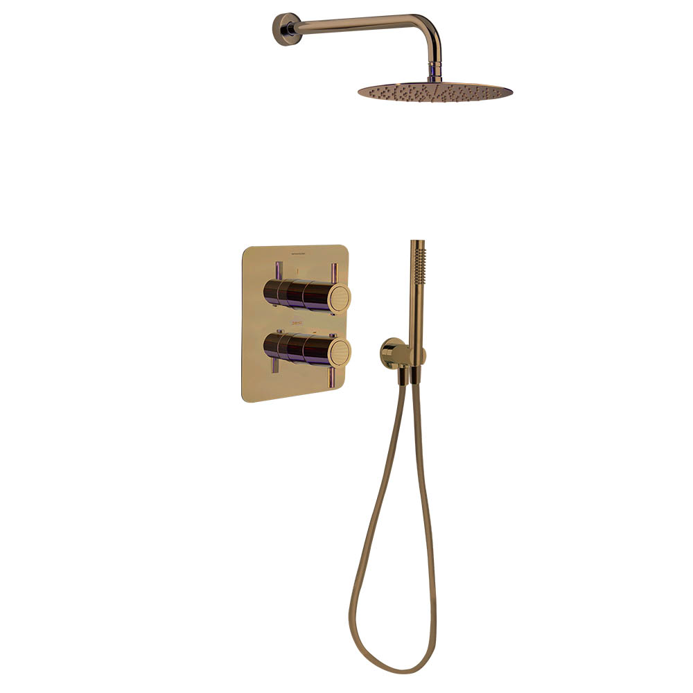 Odisea, conjunto termostático de ducha empotrado 2 vías con rociador metálico 250mm, cobre cepillado
