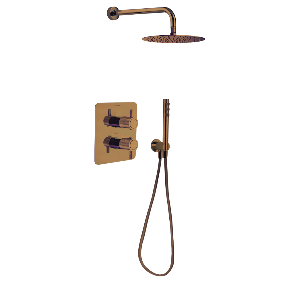 Odisea Joya, Unterputz-Thermostat-Set 2 Wege, mit Metall-Regenbrause Ø250mm antikalk und Metall-Wandarm, Handbrause, kupfer gebürstet