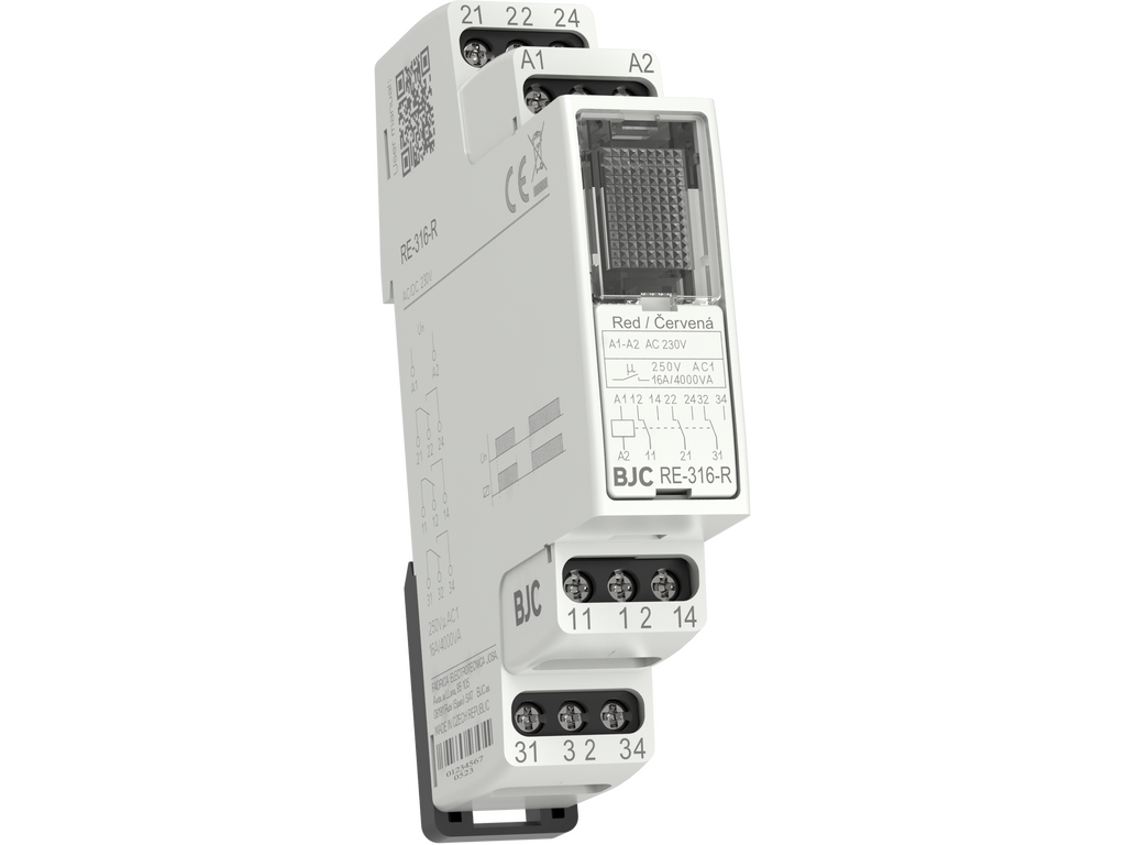 Relé auxiliar de potencia, salida 3x16A conmutada. AC 230V, AC/DC 24V, LED rojo