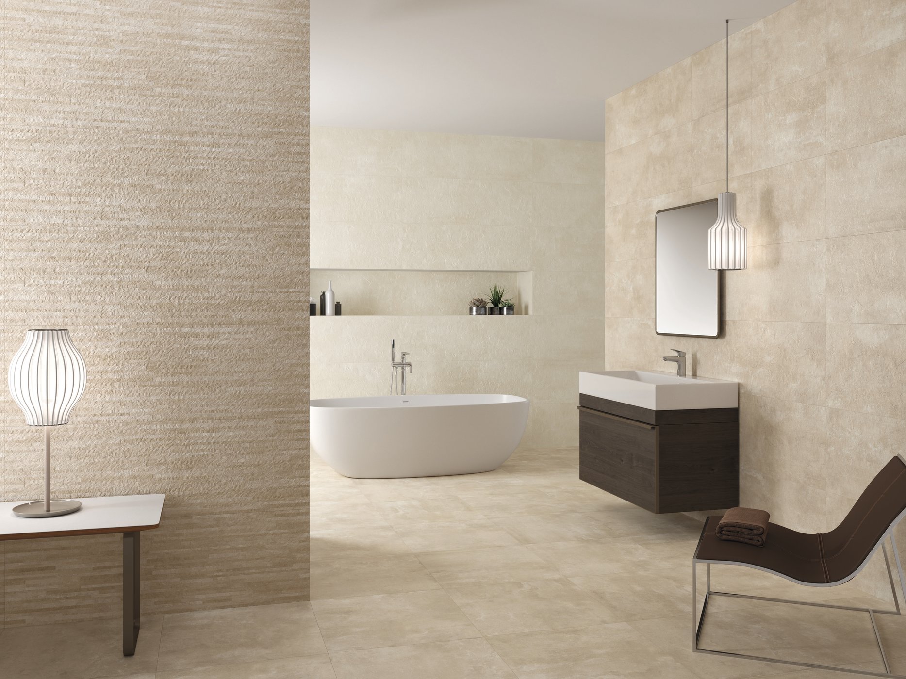 Puncak Taupe + Ivory 40x120 + dec Puncak Plads 40x120 + pav Puncak Taupe 60x60