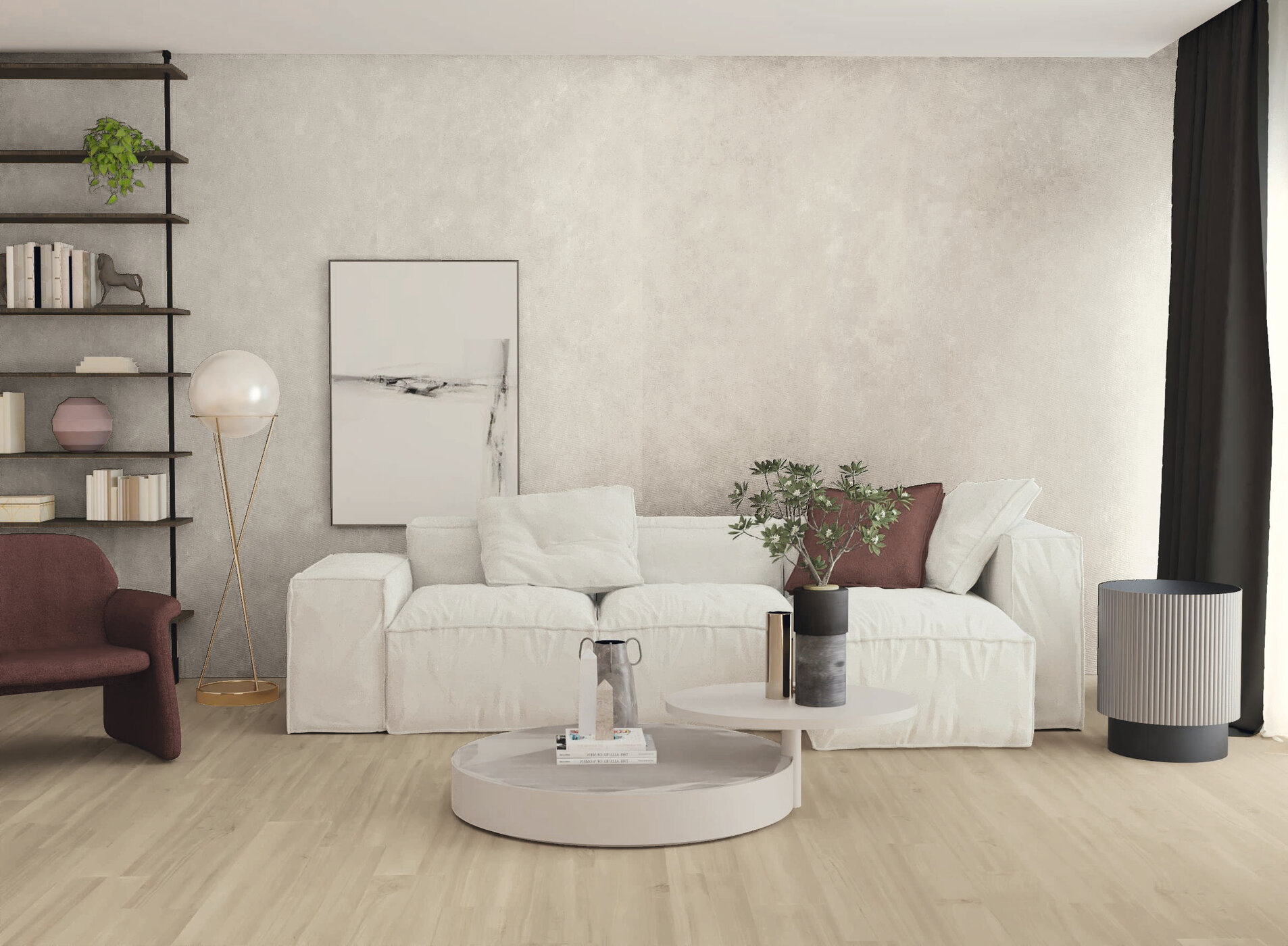 Toga Taupe 120x280cm. Nordikwood Haya 20x120cm.