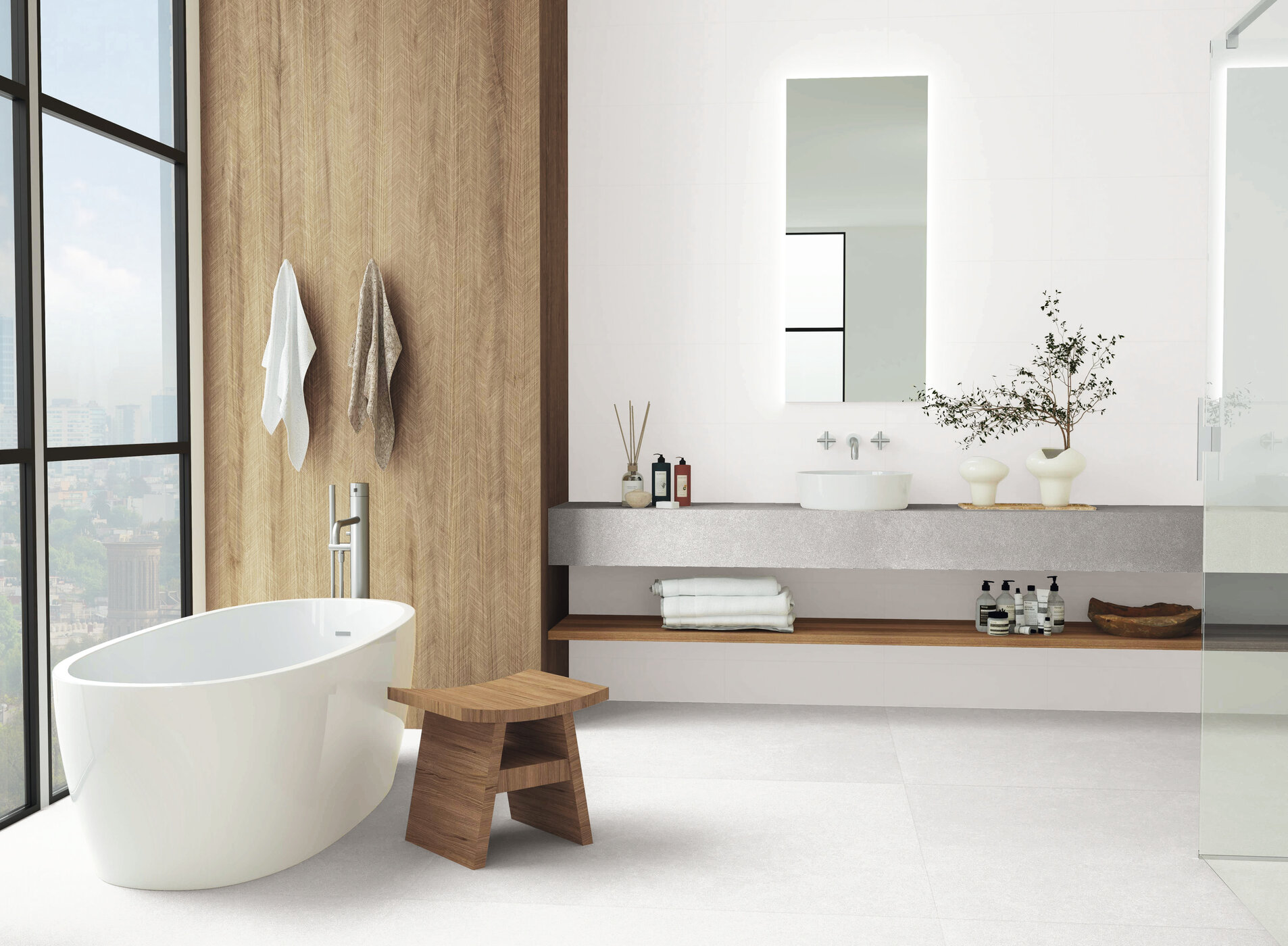 Kumi Natural 28x120cm. Blanco Natural 30x60cm. Neocem Bone 120x120cm.