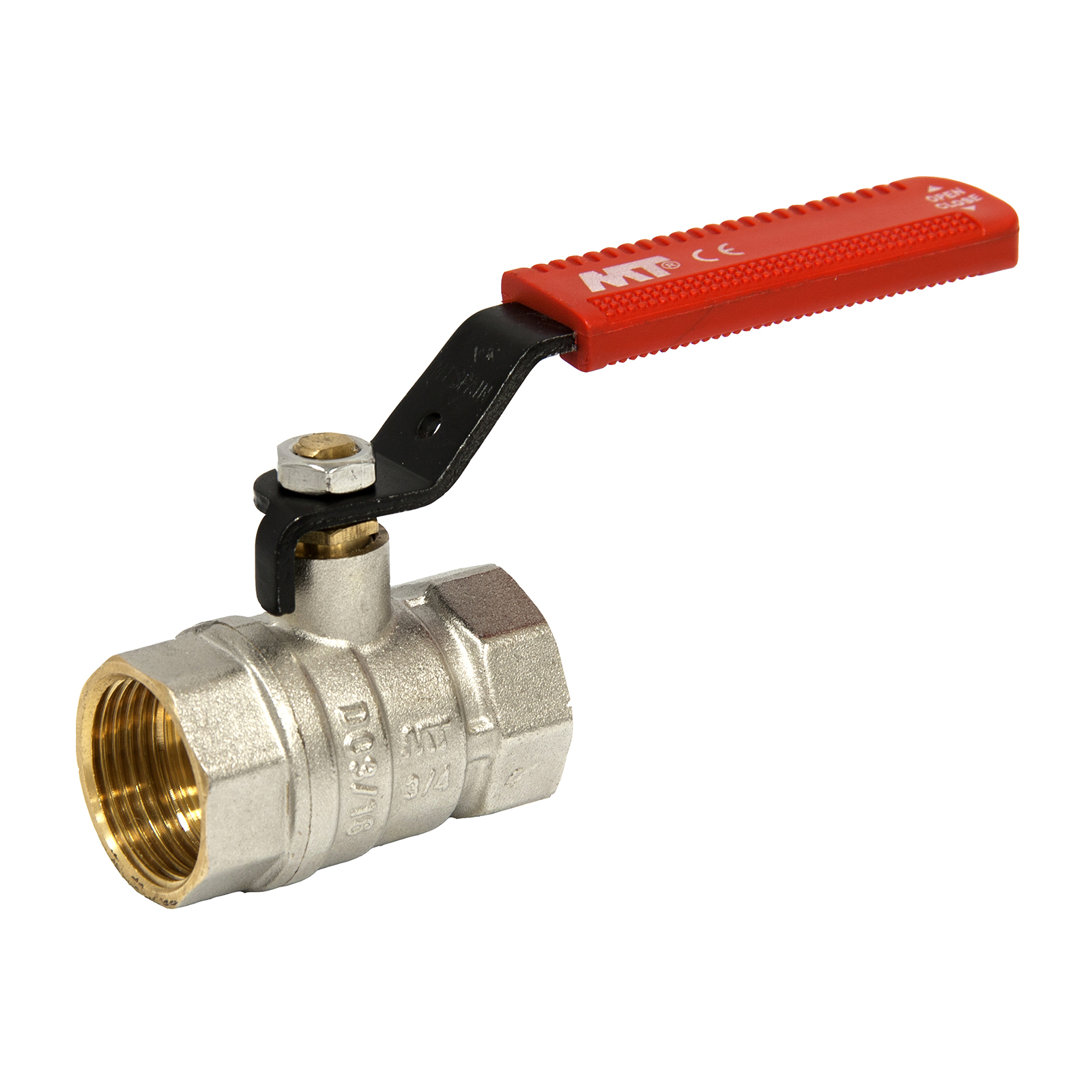 F-F Brass Ball Valve PN-25 Red Ergonomic Carbon Steel Handle
