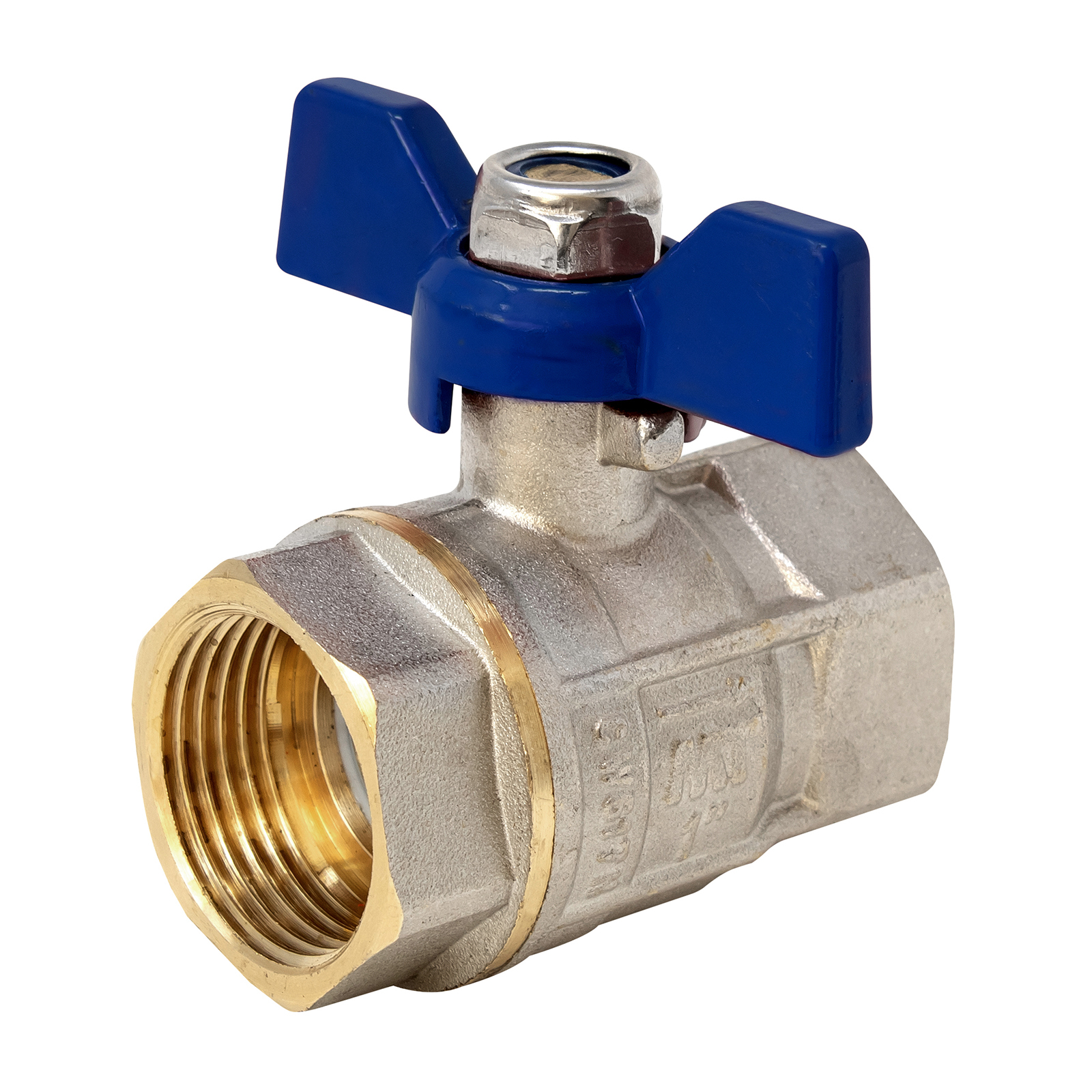 F-F Brass Ball Valve PN-30 Full Bore with Blue Butterfly Han