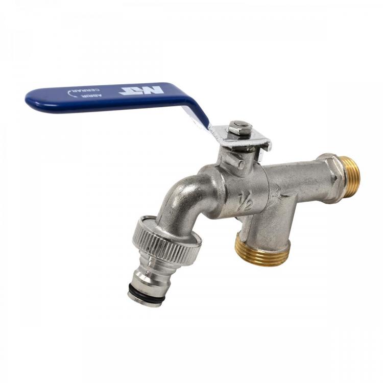 Brass Ball Bibcock Garden Two Outlets PN16 Chrome Handle