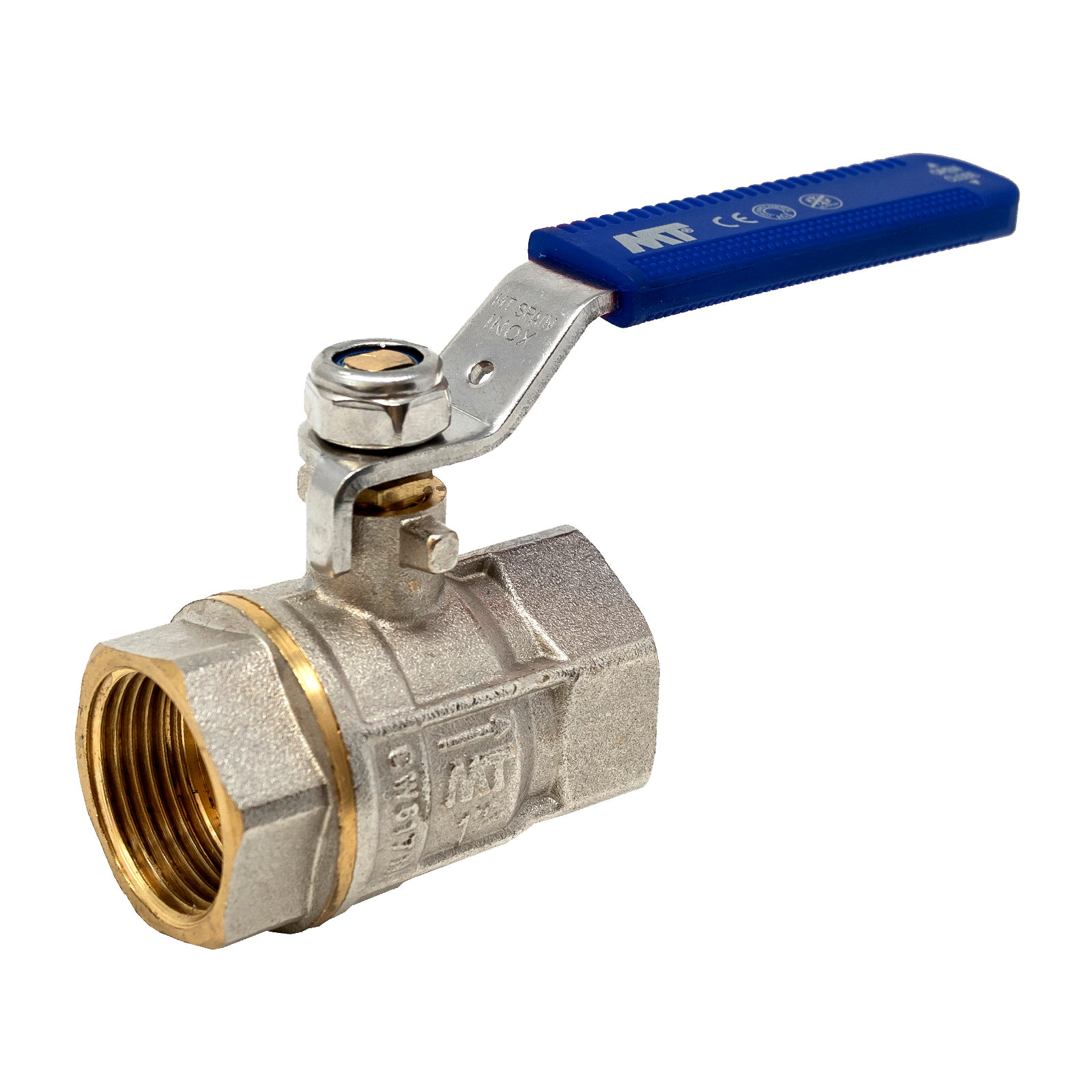 F-F Brass Ball Valve PN30 Full Bore Blue Ergonomic Stainless