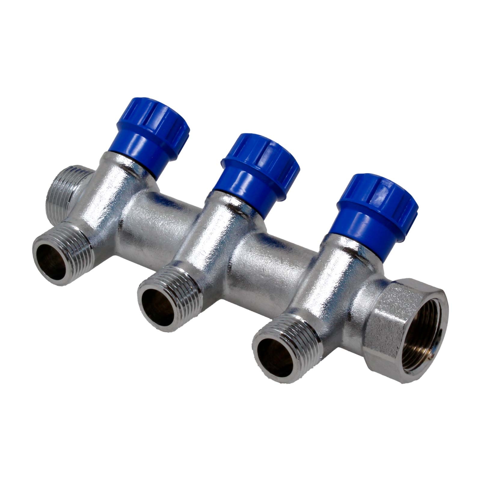 Brass Manifold M/F Nickel Outlets With Valves Blue Handles