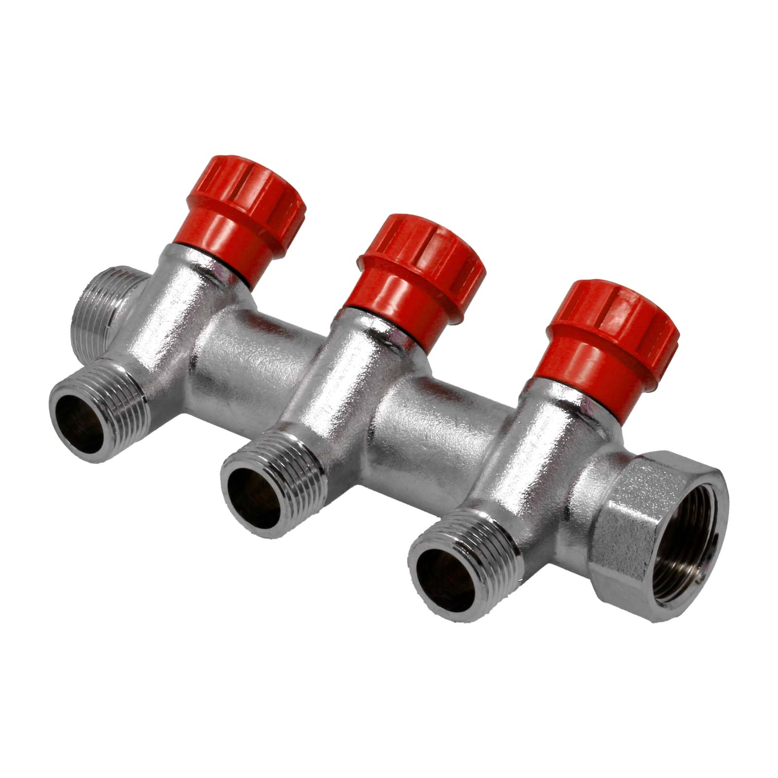 Brass Manifold M/F Nickel Outlets With Valves Red Handles