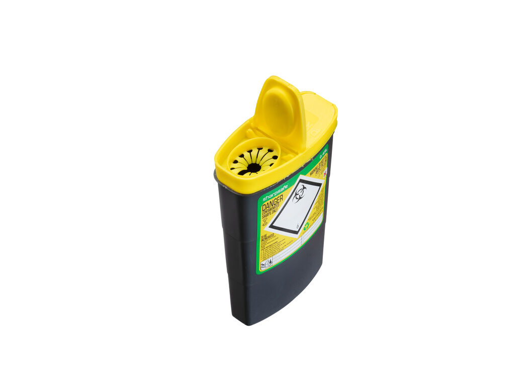Sharpsafe® 0.45L Grey UK Yellow Lid Petal opening Image