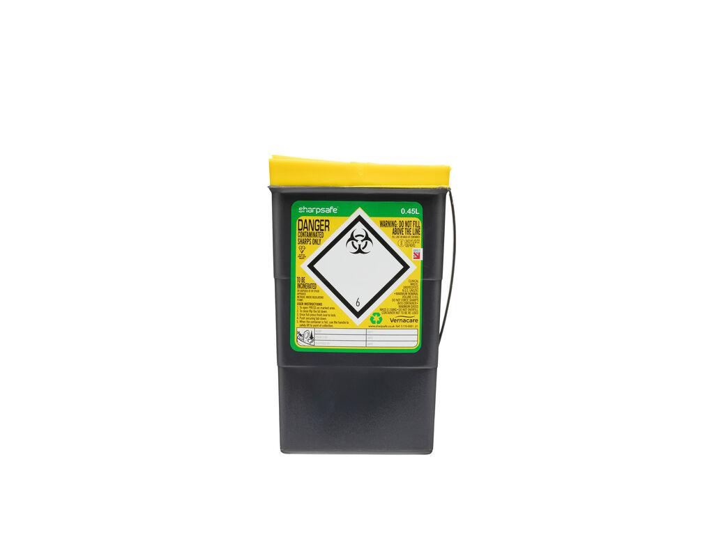 Sharpsafe® 0.45L Grey UK Yellow Lid Petal opening Image