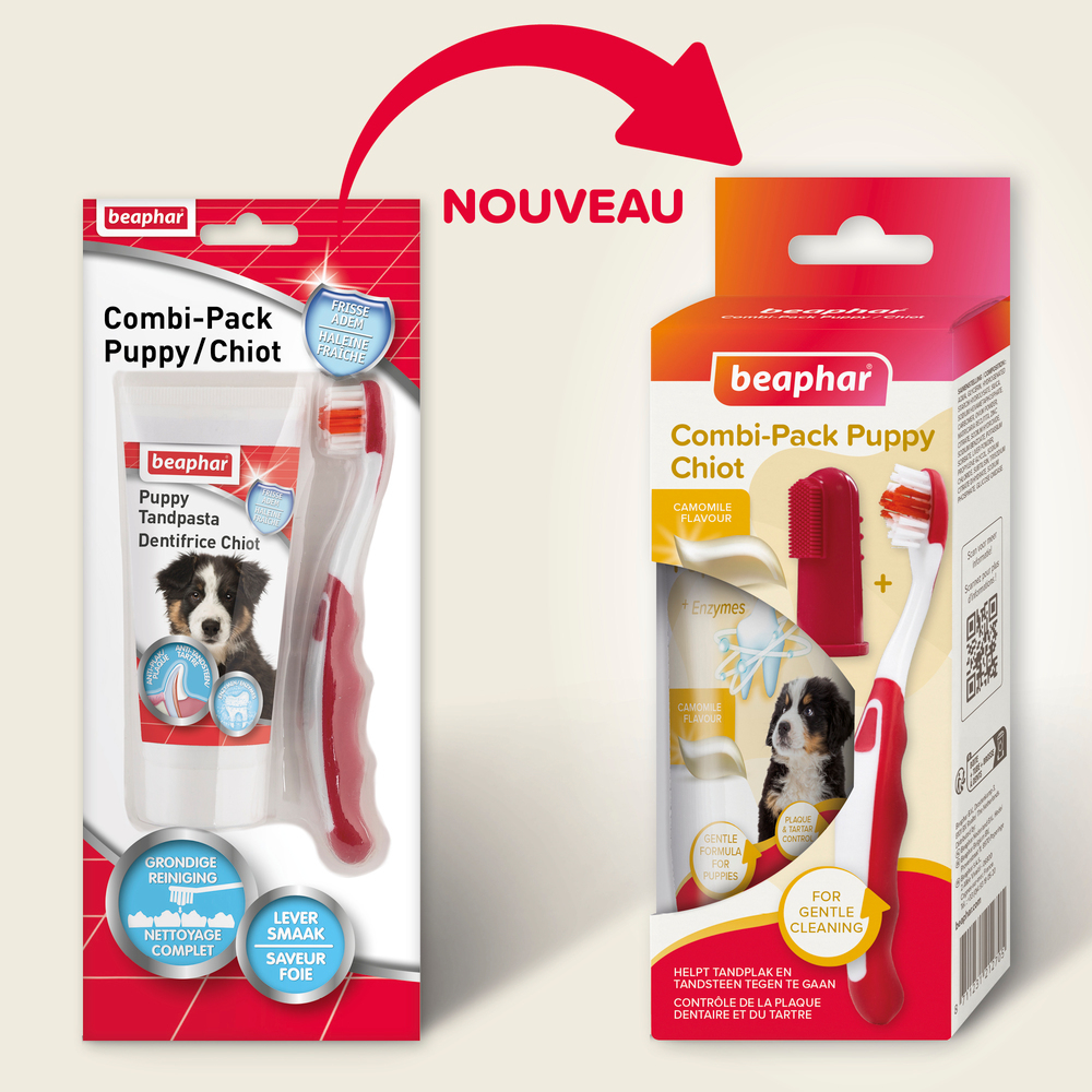 COMBI-PACK dentaire Chiot : dentifrice + 2 brosses à dents