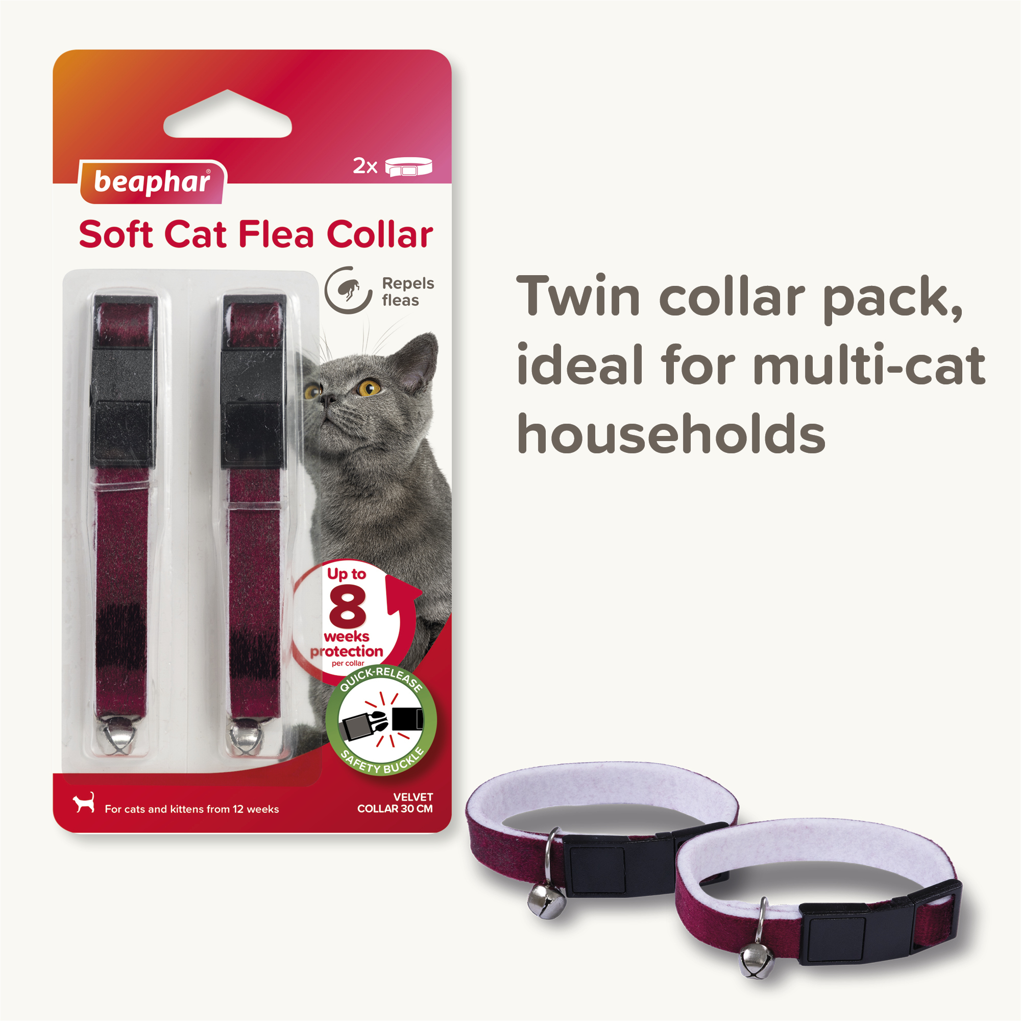 Beaphar Soft Velvet Flea Collar for Cats – Twin Pack, 30cm