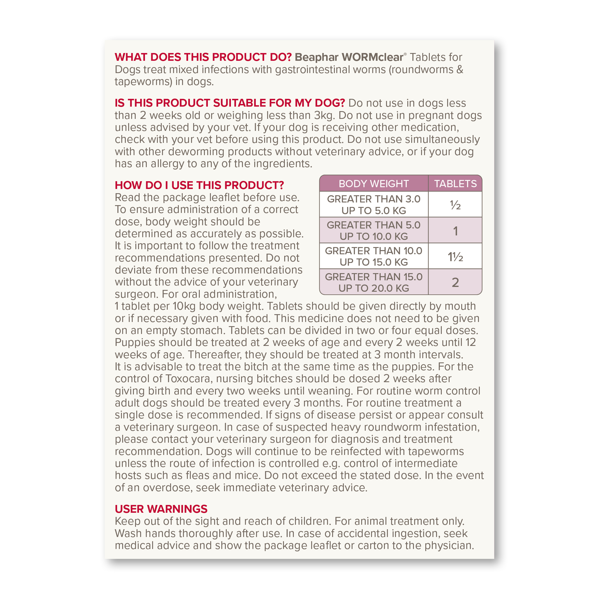 Beaphar WORMclear® Worming Tablets for Dogs (up to 20kg) – 2 Tablets