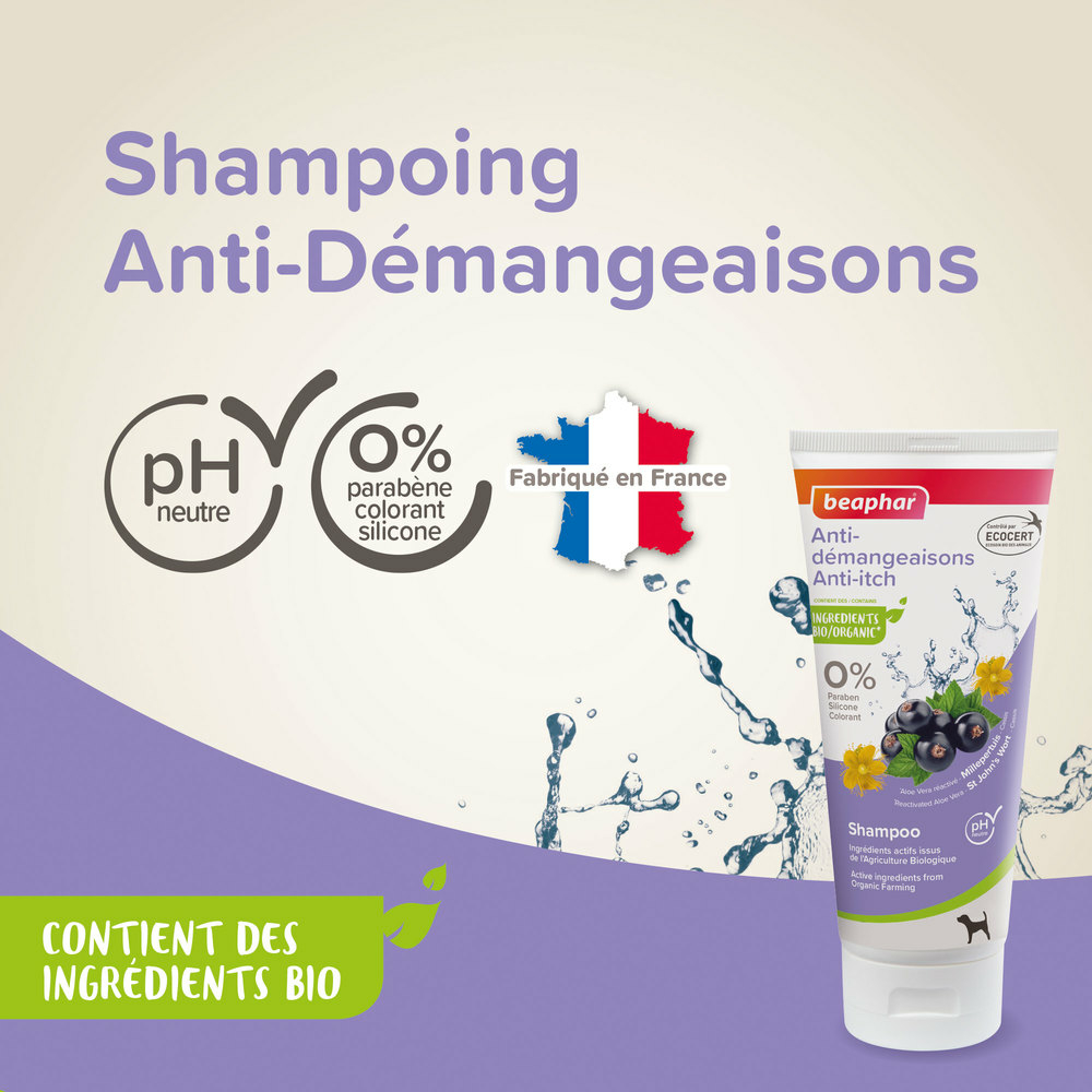 Shampoing anti-démangeaisons labellisé ECOCERT pour chien