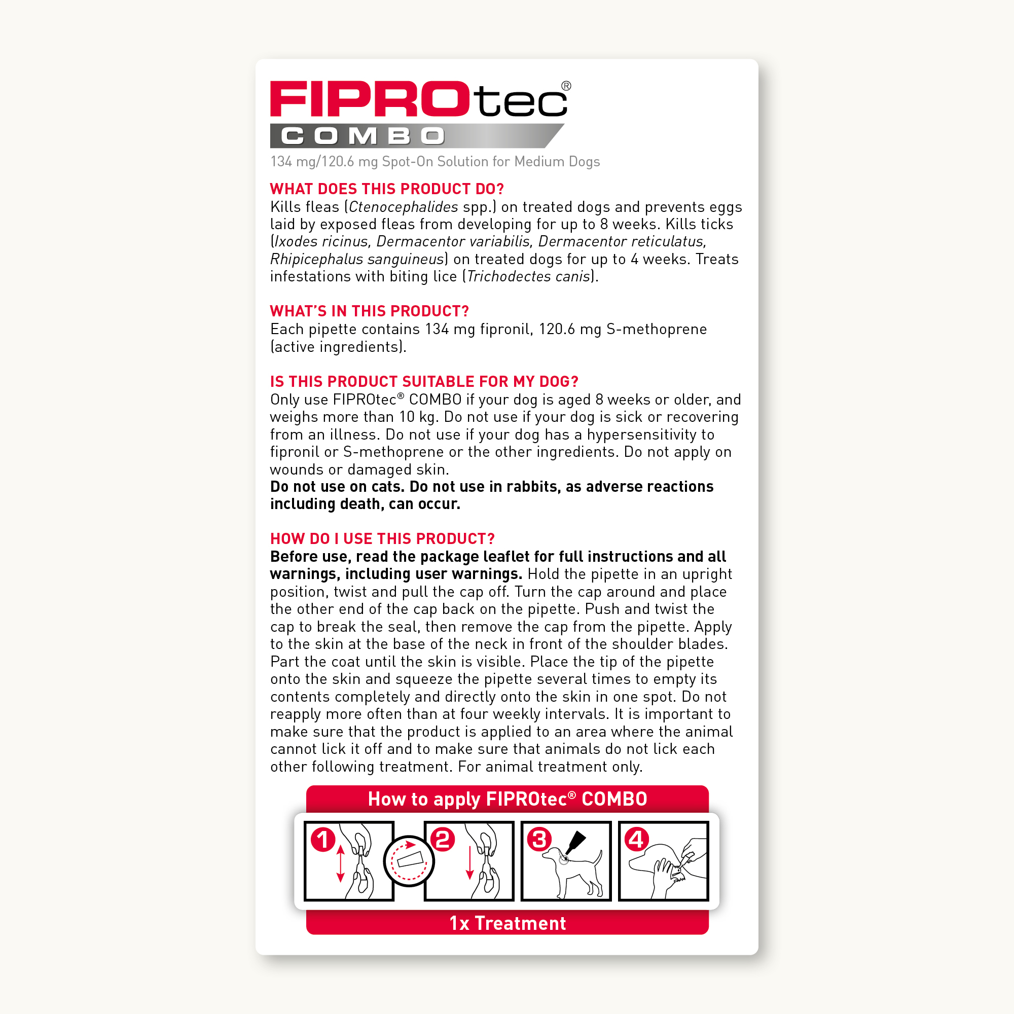 Beaphar FIPROtec® COMBO Flea & Tick Spot-On for Medium Dogs (10-20kg), 1 Pipette