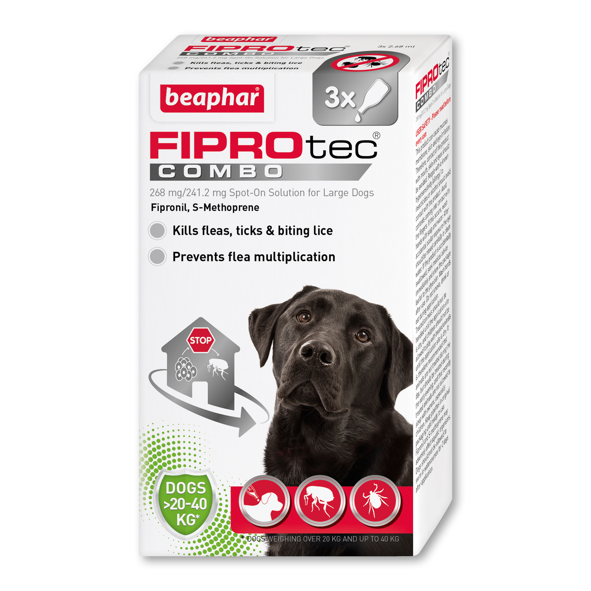 Beaphar FIPROtec® COMBO Flea & Tick Spot-On for Large Dogs (20-40kg), 3 Pipettes