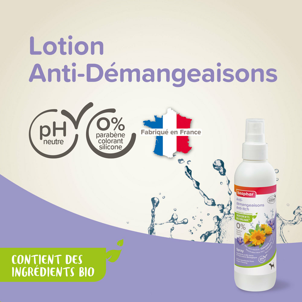 Spray anti-démangeaisons labellisé Ecocert pour chien