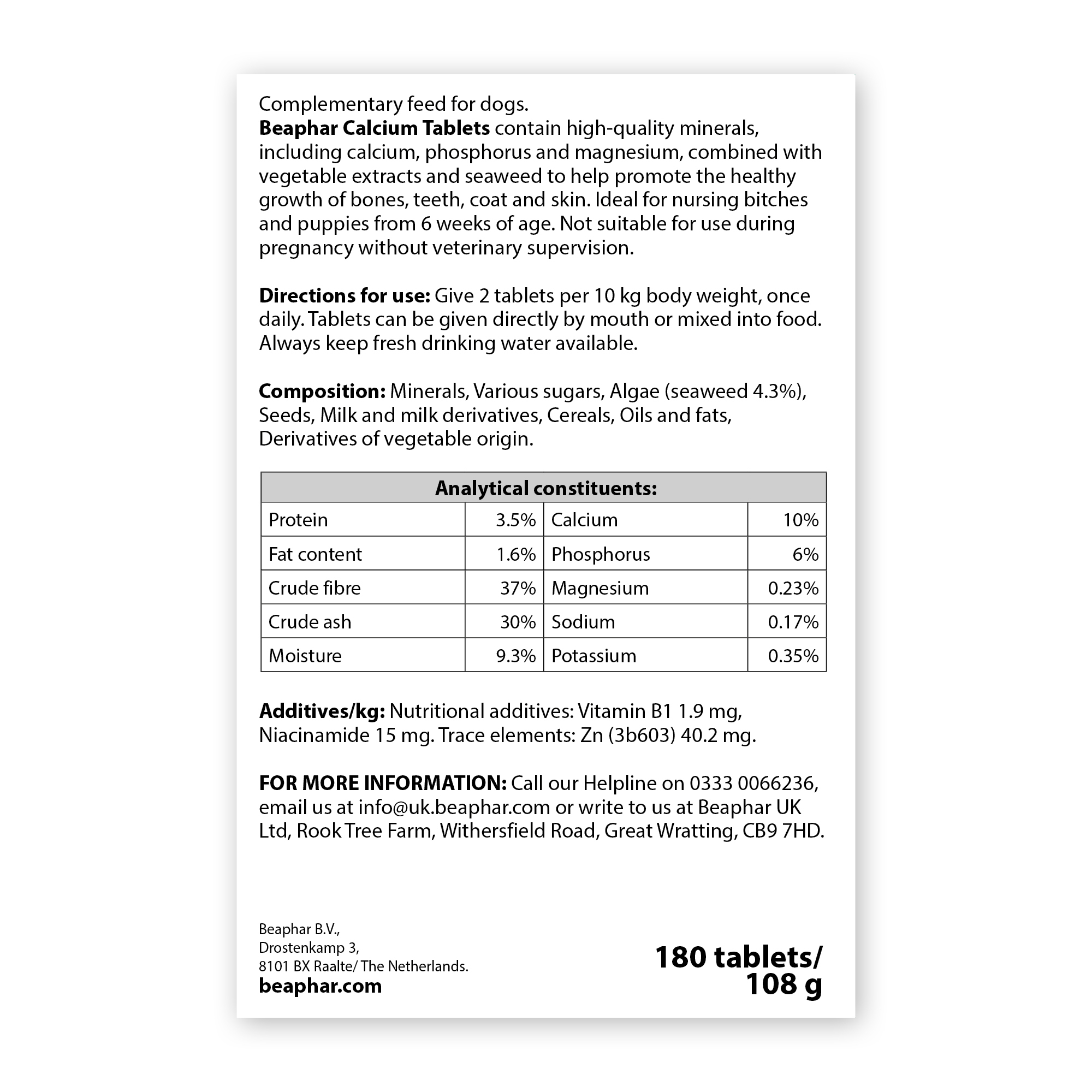 Beaphar Calcium Tablets for Nursing Dogs & Puppies, 180 tablets