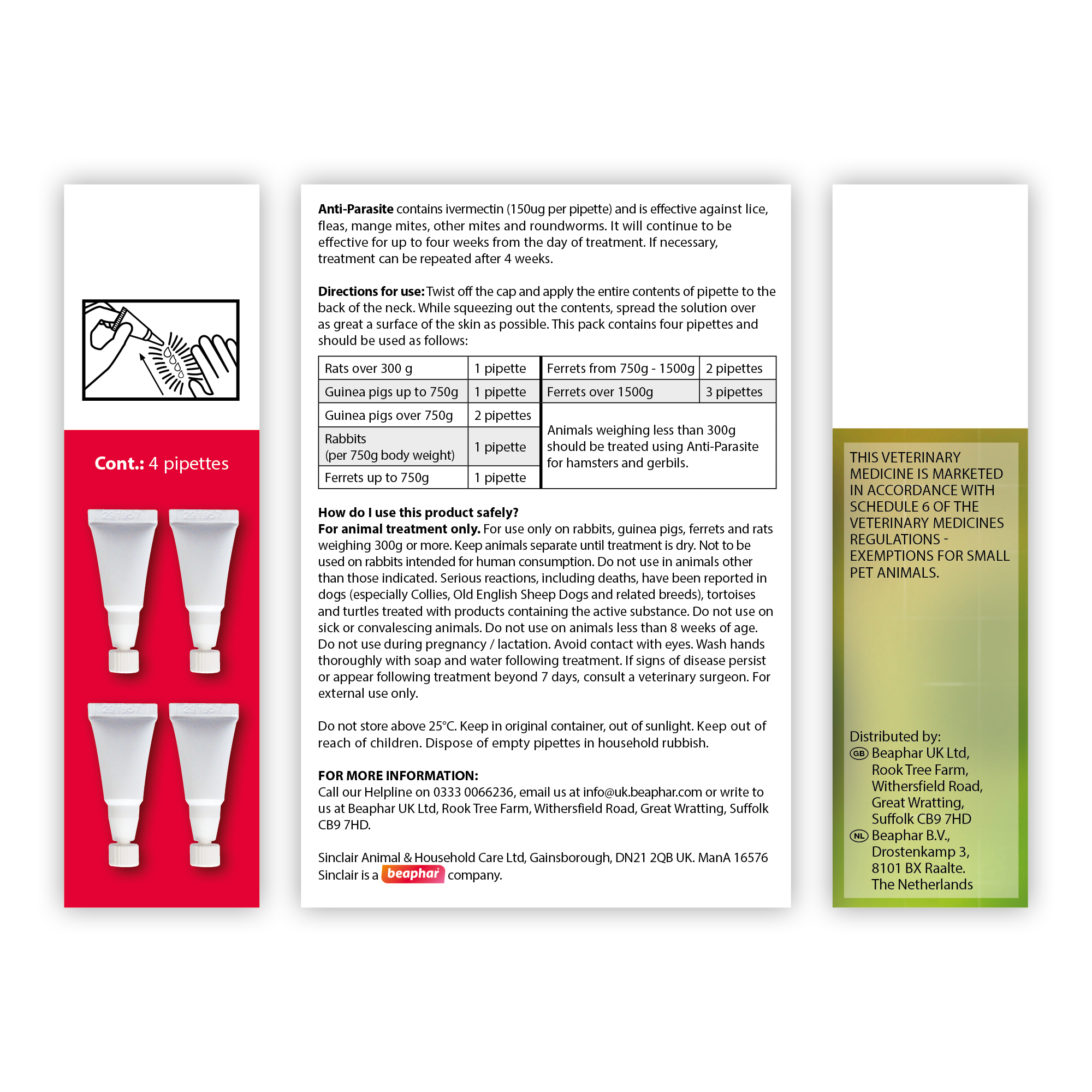 Beaphar Anti-Parasite Spot-On for Rabbits, Guinea Pigs, Ferrets & Rats, 4 pipettes