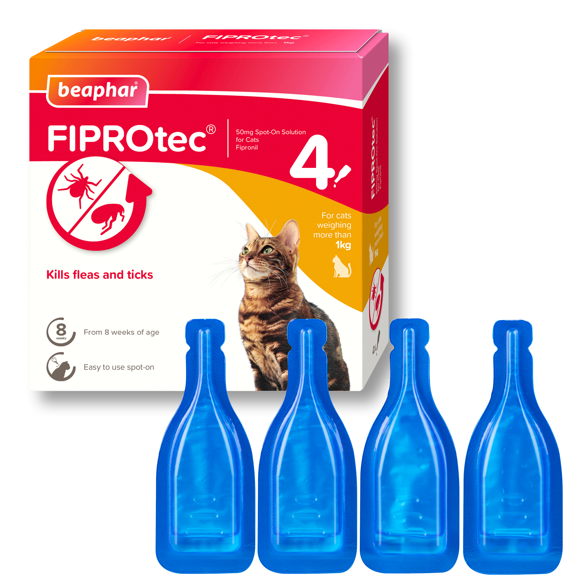 Beaphar FIPROtec® Flea & Tick Spot-On for Cats, 4 Pipettes