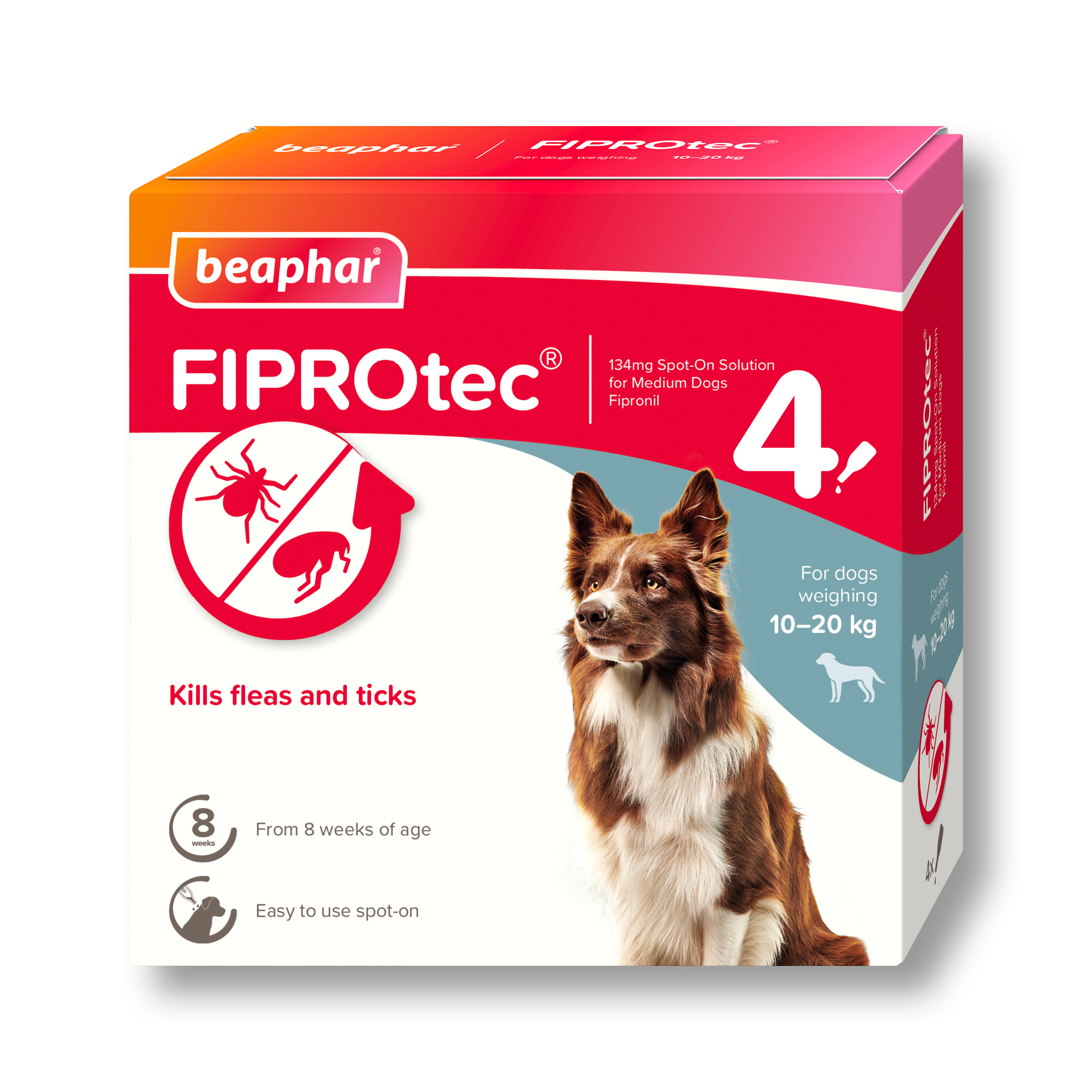 Beaphar FIPROtec® Flea & Tick Spot-On for Medium Dogs (10-20kg), 4 Pipettes