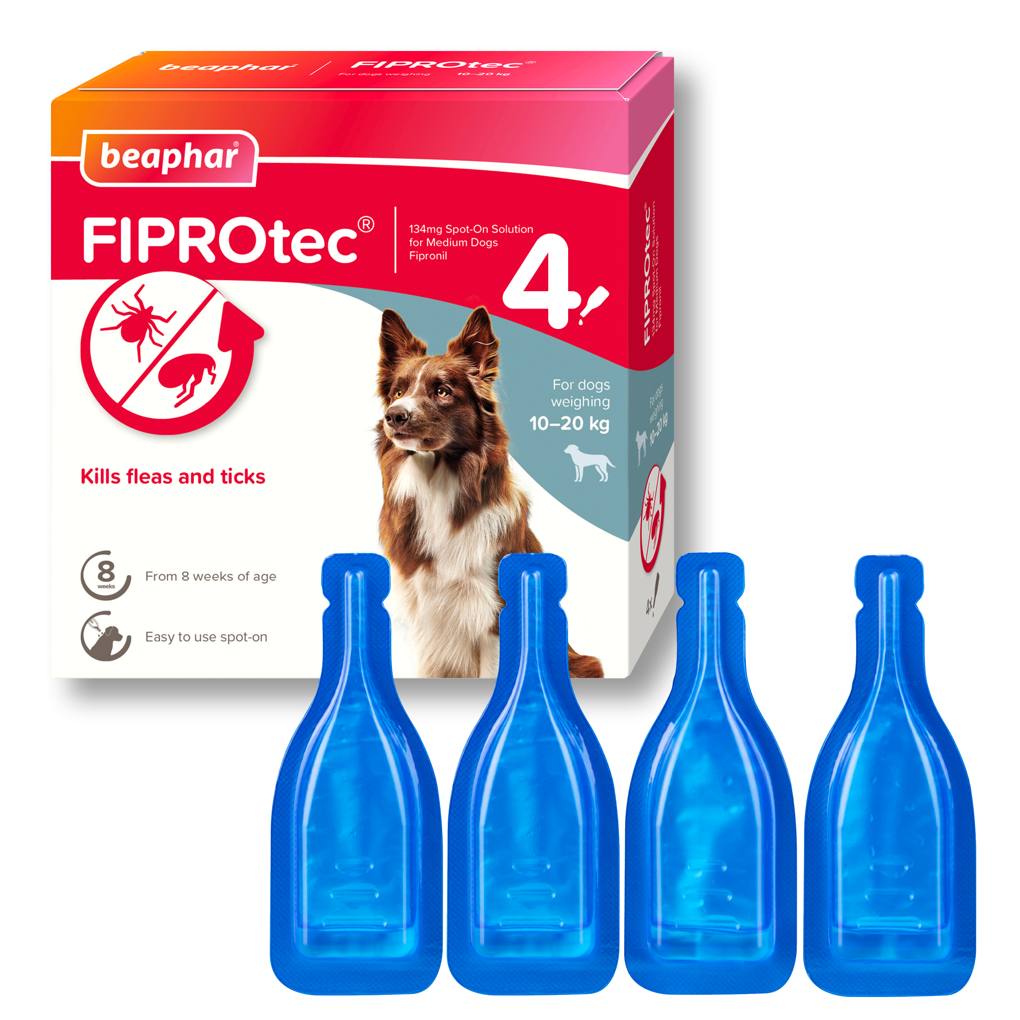 Beaphar FIPROtec® Flea & Tick Spot-On for Medium Dogs (10-20kg), 4 Pipettes