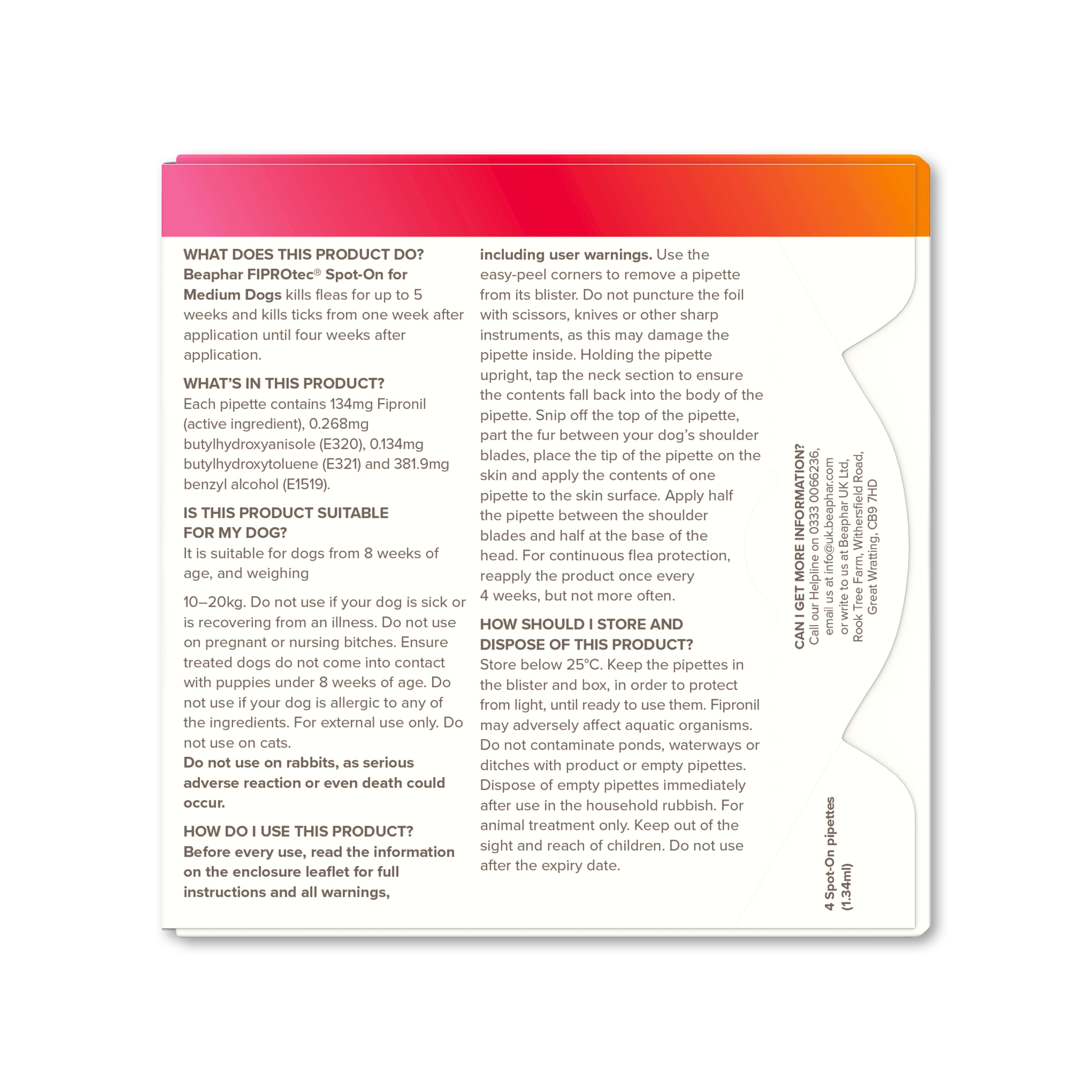 Beaphar FIPROtec® Flea & Tick Spot-On for Medium Dogs (10-20kg), 4 Pipettes