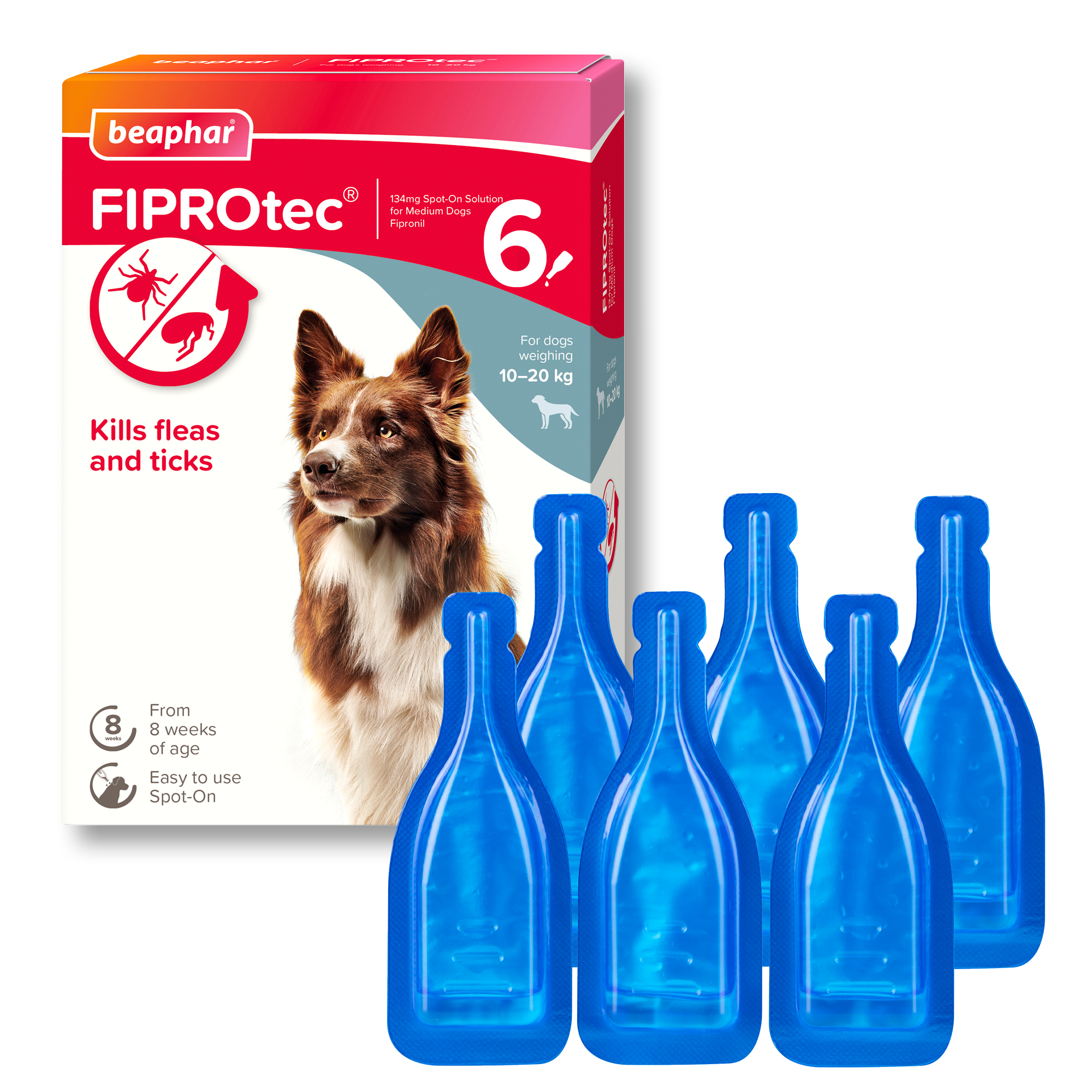 Beaphar FIPROtec® Flea & Tick Spot-On for Medium Dogs (10-20kg), 6 Pipettes