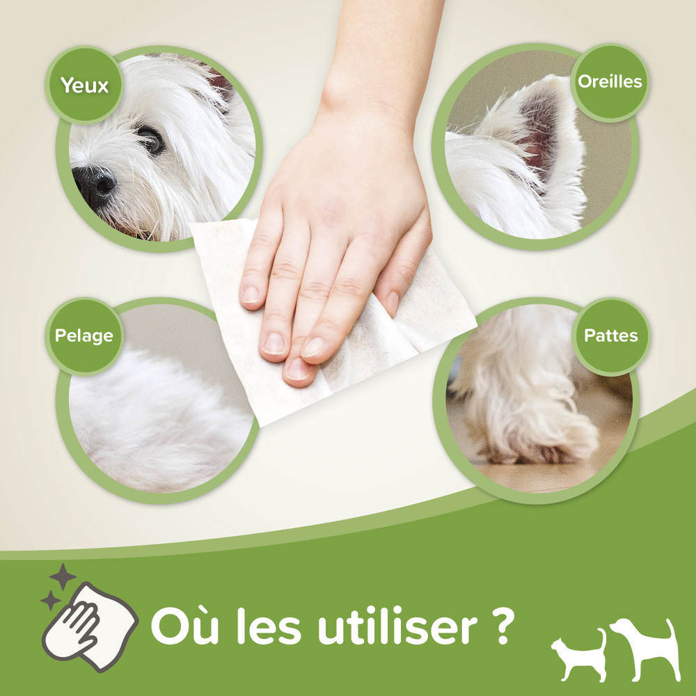 Lingettes nettoyantes pour les pattes, pelage, yeux et oreilles - 100 lingettes